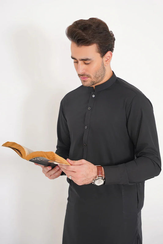 Picture of Black Stitched Stylish Suit with Band Collar and Double Placket - Available at Raja Sahib