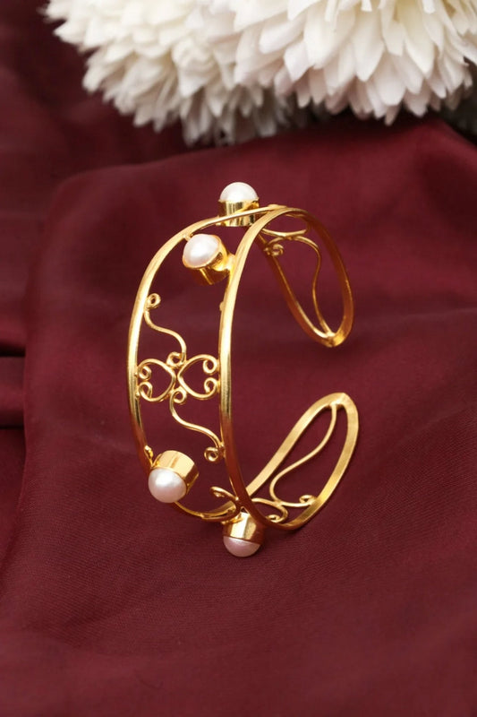 Picture of Zehnaz - Gold-Plated Brass Pearl Filigree Cuff Bangle Elegant Statement Jewelry - Available at Raja Sahib