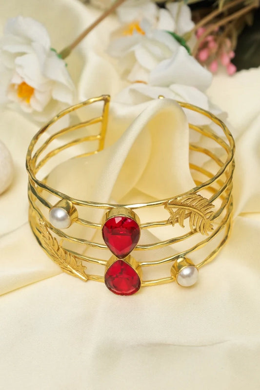 Picture of Zehnaz - Gold-Plated Multi-Band Red Stone & Pearl Cuff Bracelet - Available at Raja Sahib