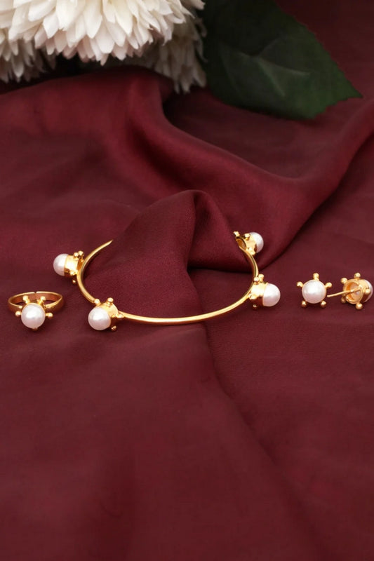 Picture of Zehnaz - Gold-Plated Pearl Jewelry Set Bangle, Ring & Stud Earrings - Available at Raja Sahib
