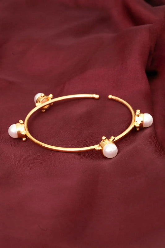 Picture of Zehnaz - Gold-Plated Pearl Jewelry Set Bangle, Ring & Stud Earrings - Available at Raja Sahib