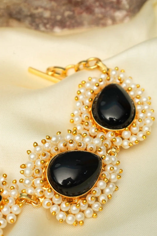 Picture of Zehnaz - Gold-Tone Black Stone & Pearl Cluster Bracelet Ethnic Statement Jewelry - Available at Raja Sahib