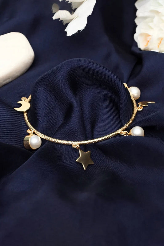 Picture of Zehnaz - Gold Tone Crescent Moon and Pearl Open Cuff Bracelet - Available at Raja Sahib