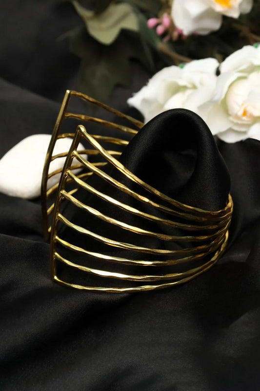Picture of Zehnaz - Gold Tone Geometric Cage Wide Cuff Bracelet - Available at Raja Sahib