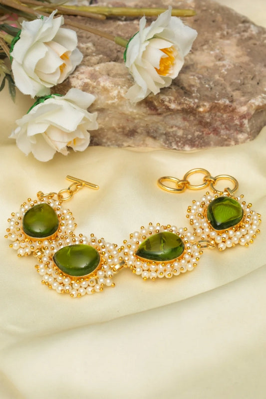 Picture of Zehnaz - Gold Kundan Green Stone & Pearl Bracelet - Available at Raja Sahib