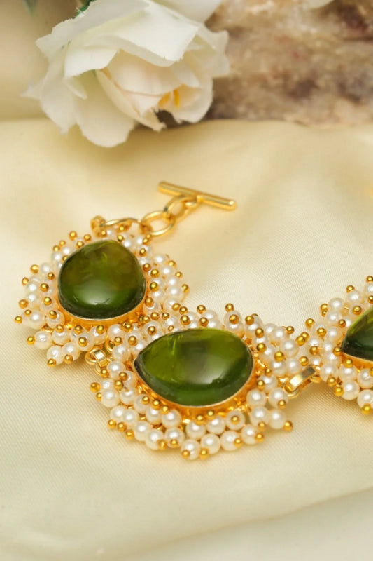 Picture of Zehnaz - Gold Kundan Green Stone & Pearl Bracelet - Available at Raja Sahib