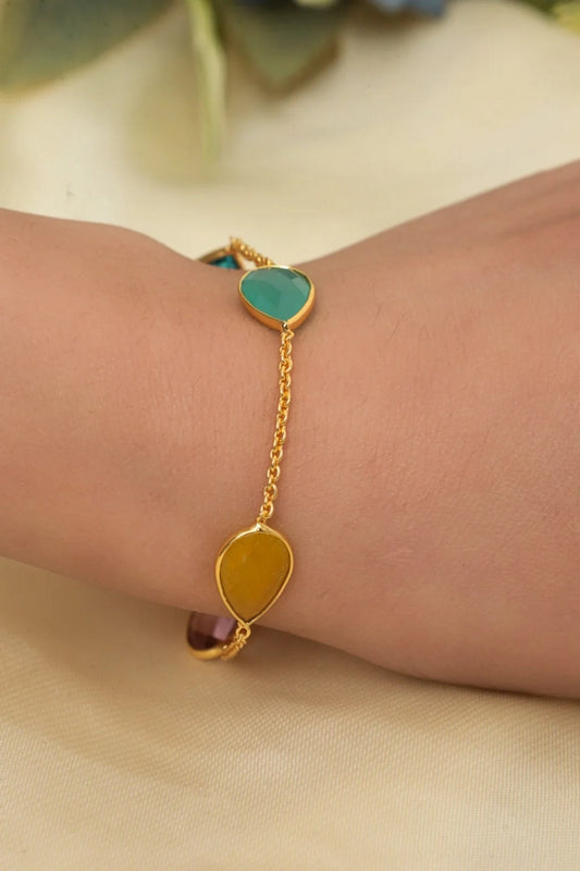 Picture of Zehnaz - Gold-Tone Multi-Colored Teardrop Gemstone Chain Bracelet - Available at Raja Sahib