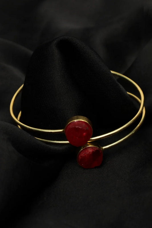 Picture of Zehnaz - Gold-Tone Red Accent Open Cuff Bracelet Elegant Meenakari-Inspired Design - Available at Raja Sahib