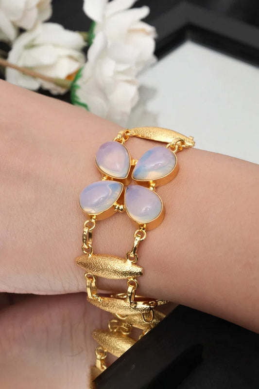 Picture of Zehnaz - Gold-Tone Teardrop Opal Clover Link Bracelet Elegant Floral Design - Available at Raja Sahib