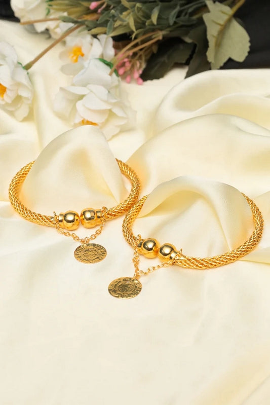 Picture of Zehnaz - Gold-Tone Paired Twisted Bangle Bracelet with Hammered Coin Charm Stackable Fashion Jewelry - Available at Raja Sahib