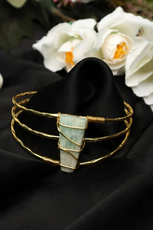 Picture of Zehnaz - Handmade Gold-Tone Wire Wrapped Green Stone Cuff Bracelet Boho Statement Jewelry - Available at Raja Sahib