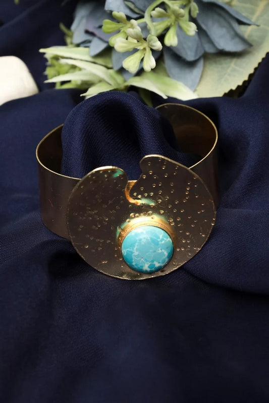 Picture of Zehnaz - Treesa Gold Tone Hammered Bangle with Turquoise Stone Adjustable Open Cuff Bracelet - Available at Raja Sahib