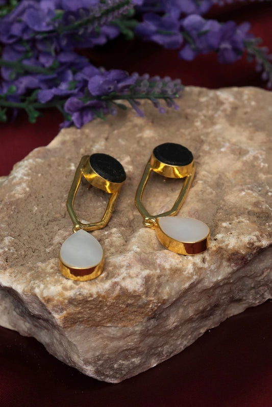 Picture of Zehnaz - Gold Plated Black and White Drop Earrings - Available at Raja Sahib