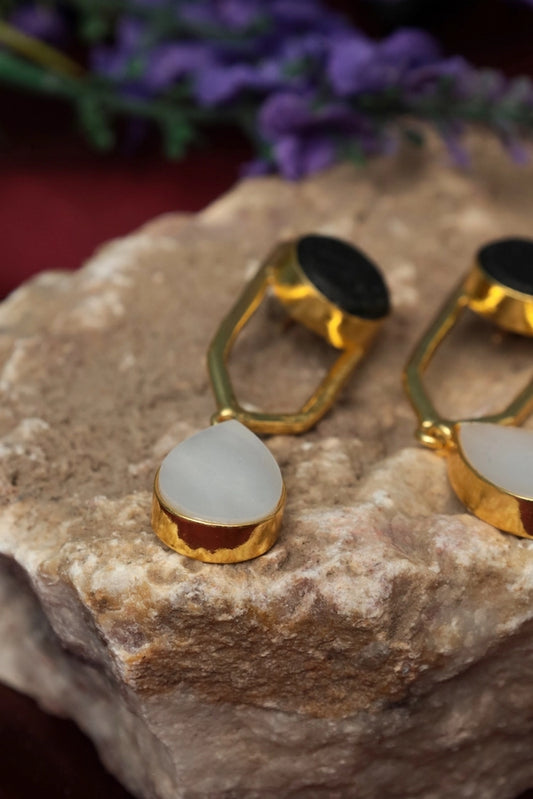 Picture of Zehnaz - Gold Plated Black and White Drop Earrings - Available at Raja Sahib