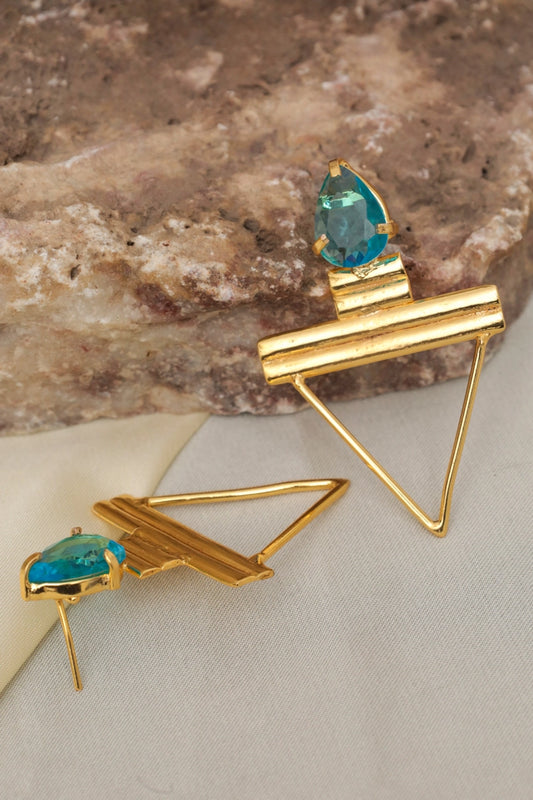 Picture of Zehnaz - Gold Plated Blue Geometric Drop Earrings - Available at Raja Sahib