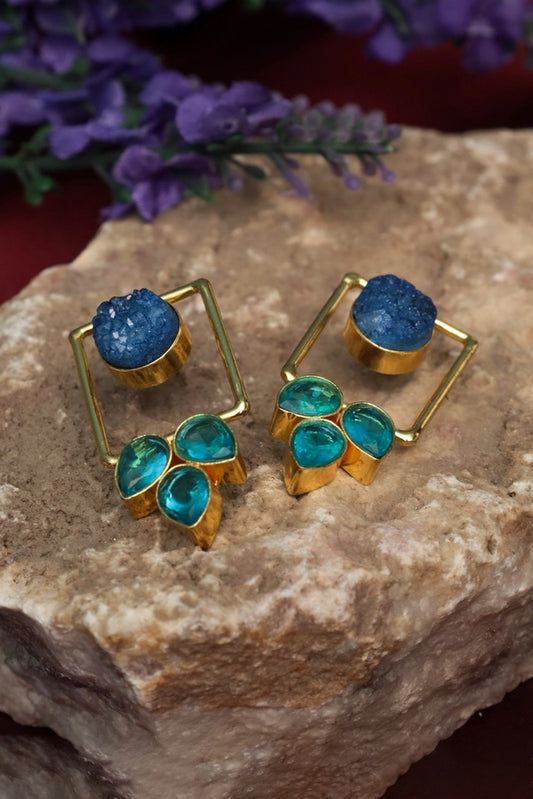 Picture of Zehnaz - Gold Plated Druzy Leaf Statement Stud Earrings - Available at Raja Sahib