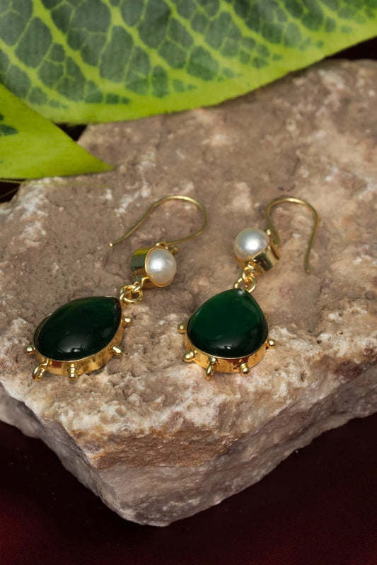 Picture of Zehnaz - Gold Plated Emerald Pearl Drop Earrings - Available at Raja Sahib