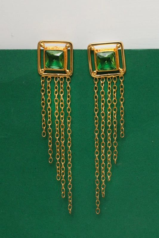Picture of Zehnaz - Gold Plated Emerald Tassel Drop Statement Earrings - Available at Raja Sahib