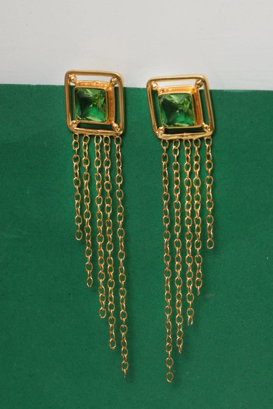 Picture of Zehnaz - Gold Plated Emerald Tassel Drop Statement Earrings - Available at Raja Sahib