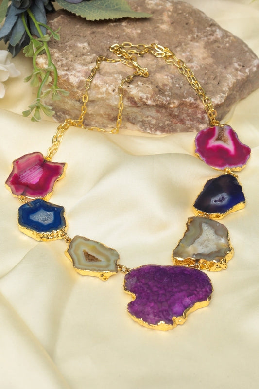 Picture of Zehnaz - Agate Slice Statement Necklace Multicolor Gold-Plated Boho Necklace - Available at Raja Sahib