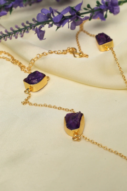 Picture of Zehnaz - Amethyst Drop Necklace Gold-Toned Raw Gemstone Statement Jewelry - Available at Raja Sahib