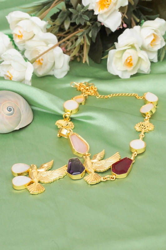 Picture of Zehnaz - Bird Gem Necklace Gold-Plated Statement Jewelry with Multi-Colored Stones - Available at Raja Sahib