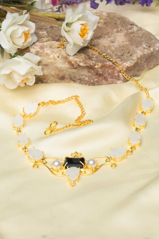 Picture of Zehnaz - Black & White Choker Gold-Plated Statement Necklace - Available at Raja Sahib