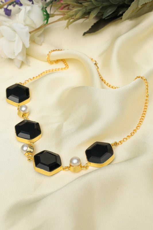 Picture of Zehnaz - Black Hexagon & Pearl Chain Necklace Gold-Tone Statement Jewelry - Available at Raja Sahib