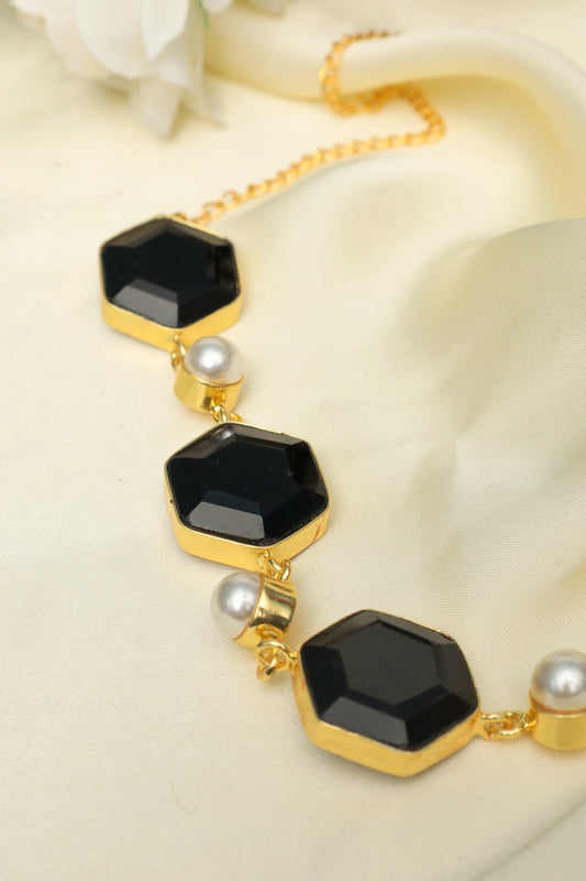 Picture of Zehnaz - Black Hexagon & Pearl Chain Necklace Gold-Tone Statement Jewelry - Available at Raja Sahib