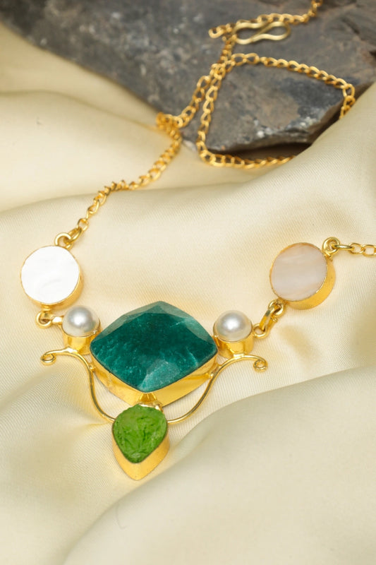 Picture of Zehnaz - Emerald Amethyst Pendant Gold-Plated Gemstone Statement Necklace - Available at Raja Sahib