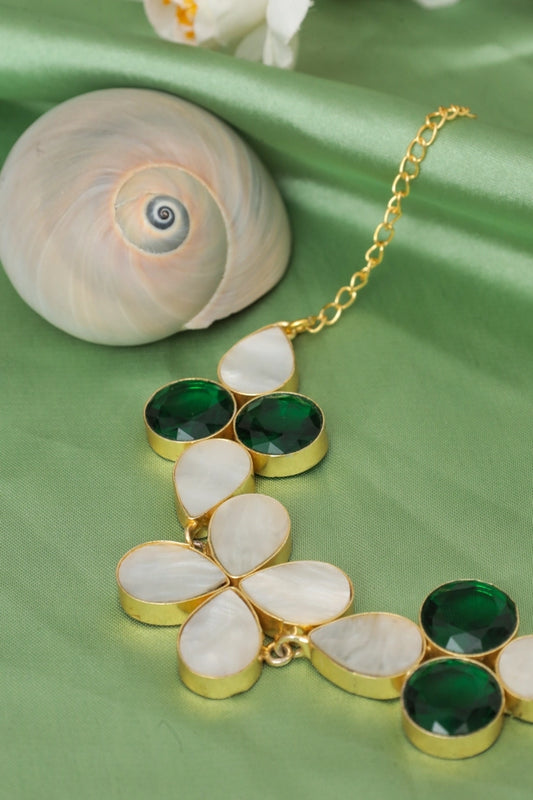 Picture of Zehnaz - Floral Gem Necklace Gold-Plated Mother-of-Pearl & Green Quartz Jewelry - Available at Raja Sahib
