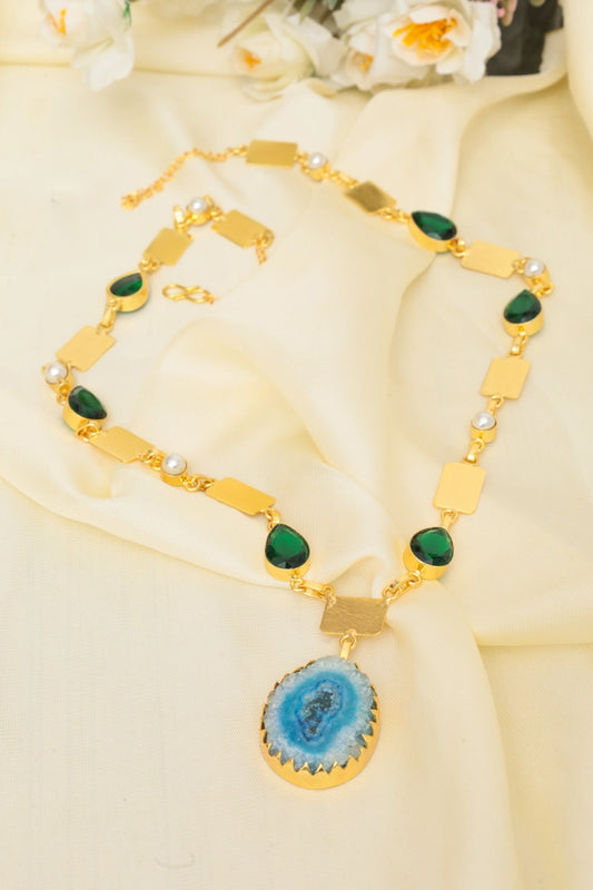 Picture of Zehnaz - Gertie Agate Necklace Gold-Plated Statement Jewelry with Blue & Green Stones - Available at Raja Sahib