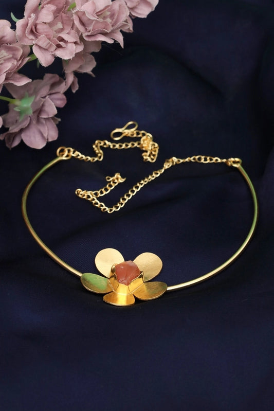 Picture of Zehnaz - Golden Flower Necklace Gold-Plated Statement Neck Cuff - Available at Raja Sahib