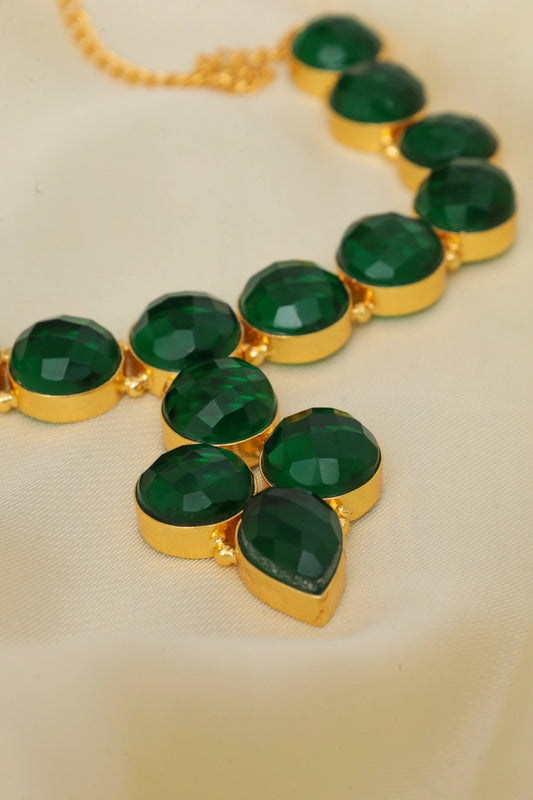 Picture of Zehnaz - Gold-Plated Green Oval Stone Necklace Statement Choker Jewelry - Available at Raja Sahib
