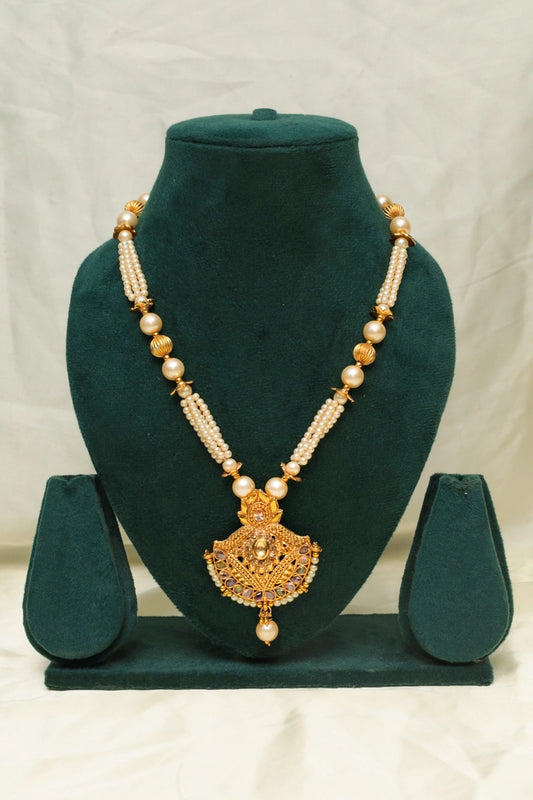 Picture of Zehnaz - Gold-Plated Temple Pearl Necklace Traditional Design - Available at Raja Sahib