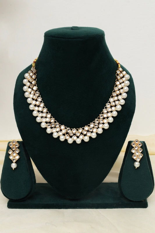 Picture of Zehnaz - Glimmery Kundan Choker Necklace Set with Pearl Fringe - Available at Raja Sahib
