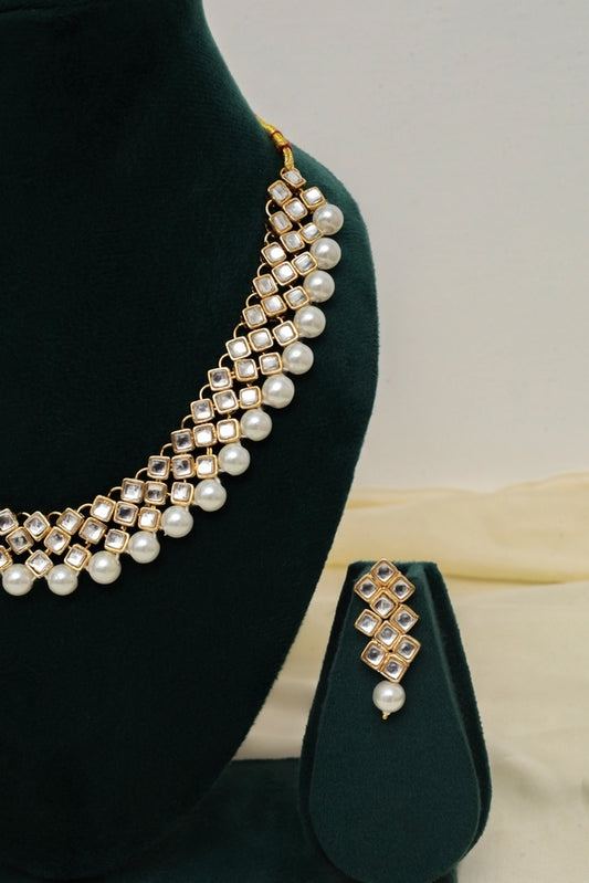 Picture of Zehnaz - Glimmery Kundan Choker Necklace Set with Pearl Fringe - Available at Raja Sahib