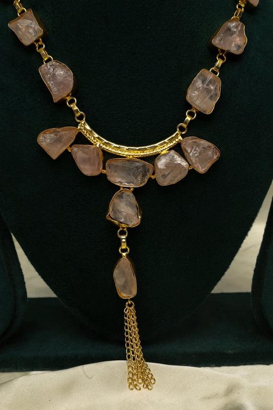 Picture of Zehnaz - Gold-Plated Raw Rose Quartz Necklace & Earring Set Pink Stone Jewelry - Available at Raja Sahib