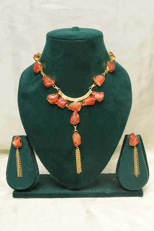 Picture of Zehnaz - Gold-Plated Raw Orange Stone Necklace & Earring Set Boho Style - Available at Raja Sahib