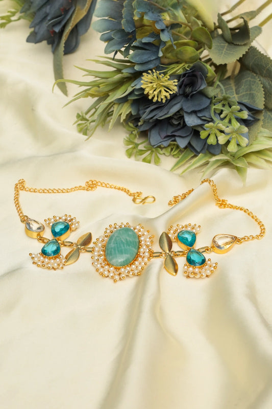 Picture of Zehnaz - Turquoise & Pearl Gold-Plated Choker Necklace Set - Available at Raja Sahib
