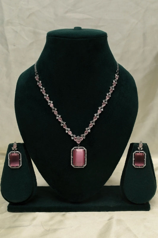 Picture of Zehnaz - Silver Plated American Diamond Necklace Set with Pink Center Stone - Available at Raja Sahib