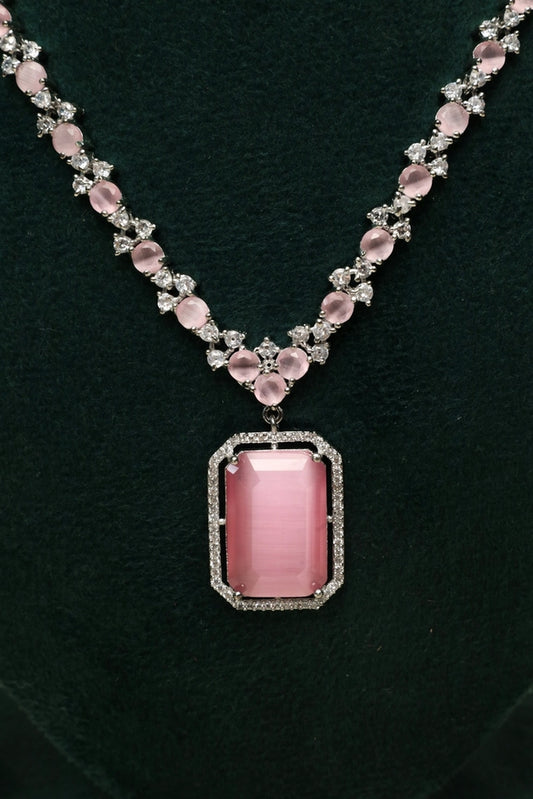 Picture of Zehnaz - Silver Plated American Diamond Necklace Set with Pink Center Stone - Available at Raja Sahib