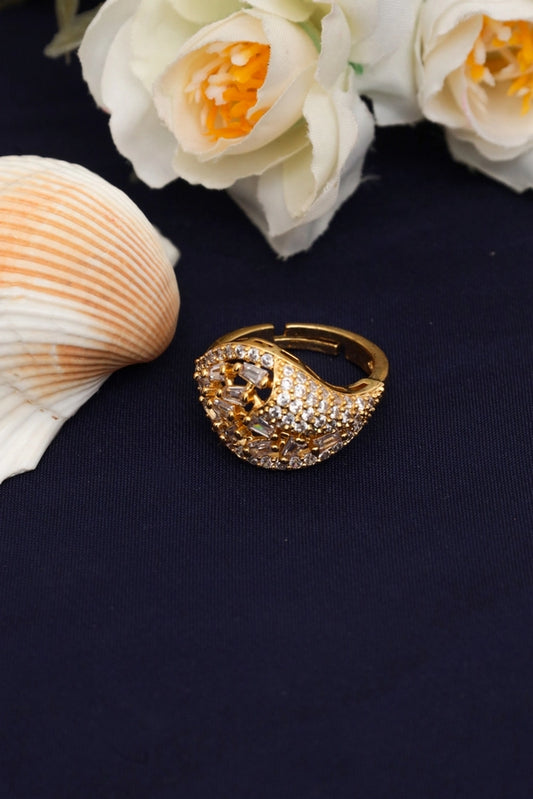 Picture of Zehnaz - Gold Plated Cluster Ring with Baguette and Round Zircon Stones - Available at Raja Sahib