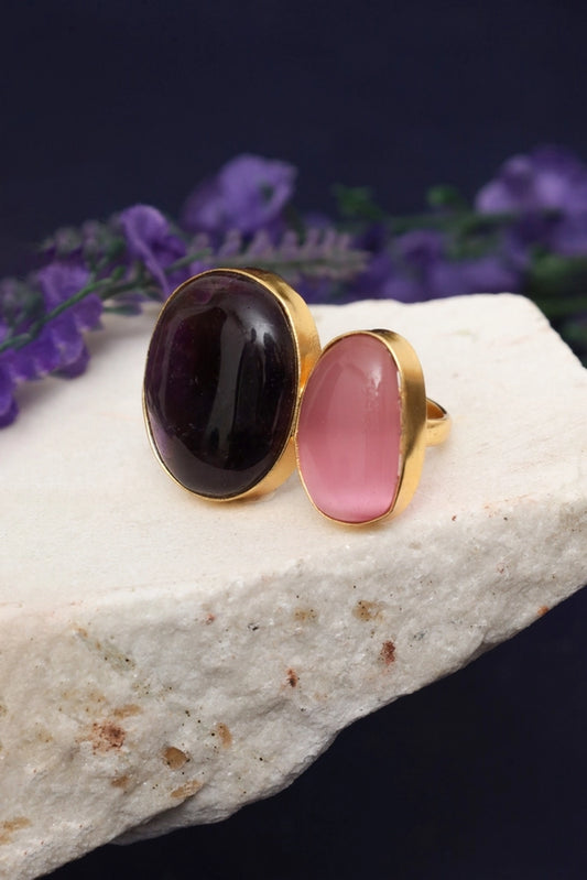 Picture of Zehnaz - Gold Plated Double-Stone Ring with Amethyst and Rose Quartz - Available at Raja Sahib