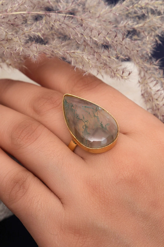 Picture of Zehnaz - Gold Tone Teardrop Moss Agate Ring - Available at Raja Sahib