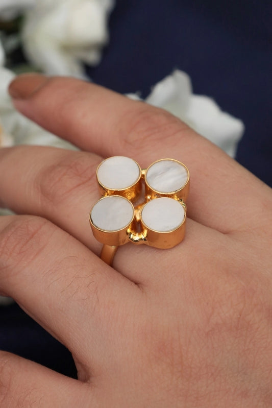 Picture of Zehnaz - Gold Plated Ring with White Oval Inlays - Available at Raja Sahib