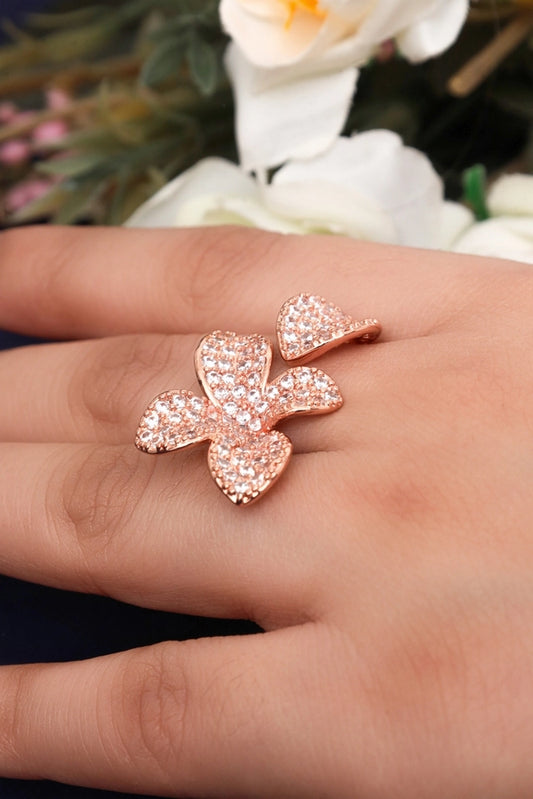 Picture of Zehnaz - Rose Gold Flower Ring with Sparkling Stone-Encrusted Petals - Available at Raja Sahib