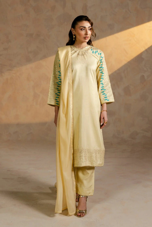 Picture of Zehnaz - Embroidered Raw Silk 3 Piece - Celeste - Available at Raja Sahib