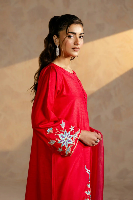 Picture of Zehnaz - Embroidered Russian Raw Silk - 3 Piece - Carmine - Available at Raja Sahib