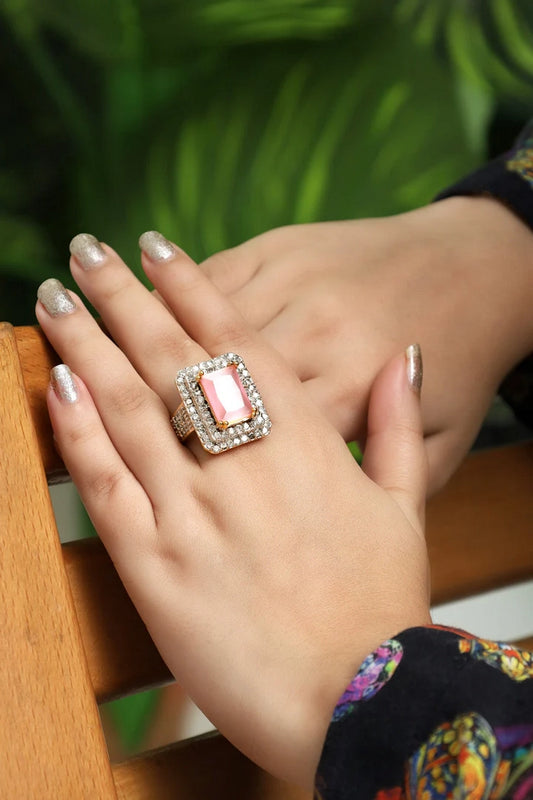 Picture of Zehnaz - Gold Plated Pink Aurora Cubic Zirconia Statement Ring - Available at Raja Sahib